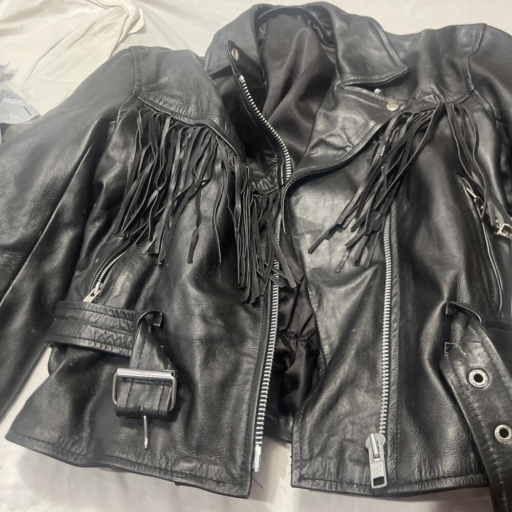 vintage Fringe black leather fringe motorcycle jacket Asymmetric Zip Boho Belted